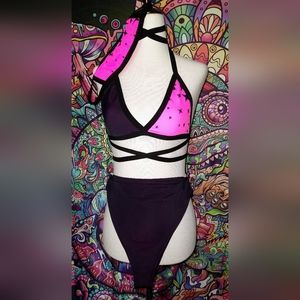 NWOT Lyte Couture Neon Pink And Black Festival Set With Matching Mask~ Sz M